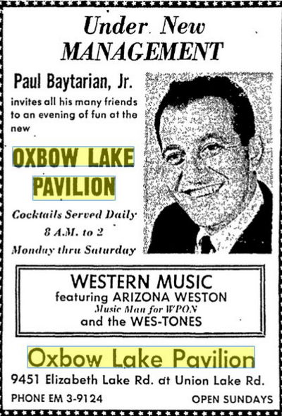 Oxbow Lake Pavilion - August 1962 Ad